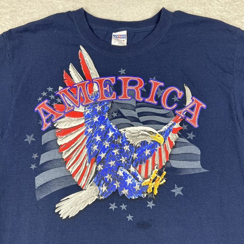 Vintage America Shirt Mens Large Navy‎ Blue Short Sleeve Eagles Flag Tee 90s - Picture 2 of 11
